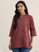 Maroon Printed Cotton Straight Short Kurti