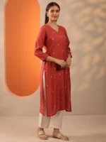 Rust Embroidered Silk Blend Straight Kurta - Image 2