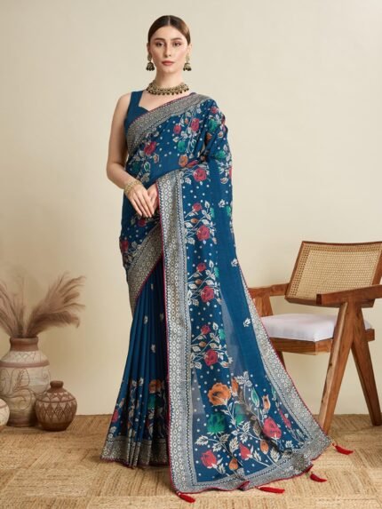 Women Blue Cotton Floral Saree with Unstitched Blouse