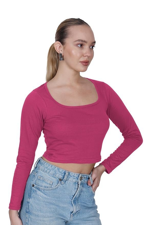 71bxq87sTbL._SY879_.jpg Square Neck Long Sleeve Stylish Cotton Crop Top for Womens, Readymade Saree Blouse - Image 1