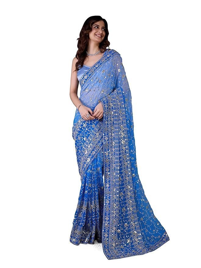 81XyvumCquL._SY879_.jpg Women's Georgette Sequin Embroidery work Saree with Unstitch Blouse Piece - Image 1