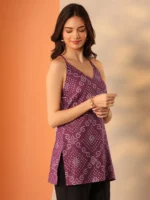 Burgundy Printed Cotton Straight Short Kurti