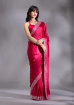 Rani Pink Silver Stonework Satin Saree - Image 4