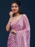 Onion Pink Sequins Semi Crepe Saree with Unstitched Blouse - Image 4