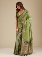 Leaf Green Zari Georgette Saree with Unstitched Blouse - Image 4