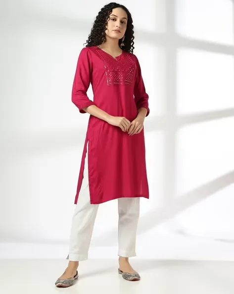 473Wx593H-443065059-magntafusha-MODEL.webp Women Straight Kurta with Embellished Yoke - Image 1